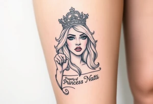 powerful blond findomme princess with crown on, making an “L” for loser with look of disgust on her face being pathetic with caption “Property of Princess Natti” tattoo idea