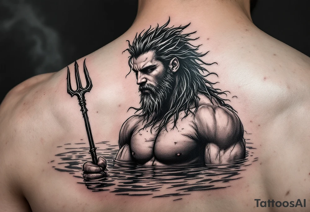fit young poseidon, with trident, in calm water tattoo idea