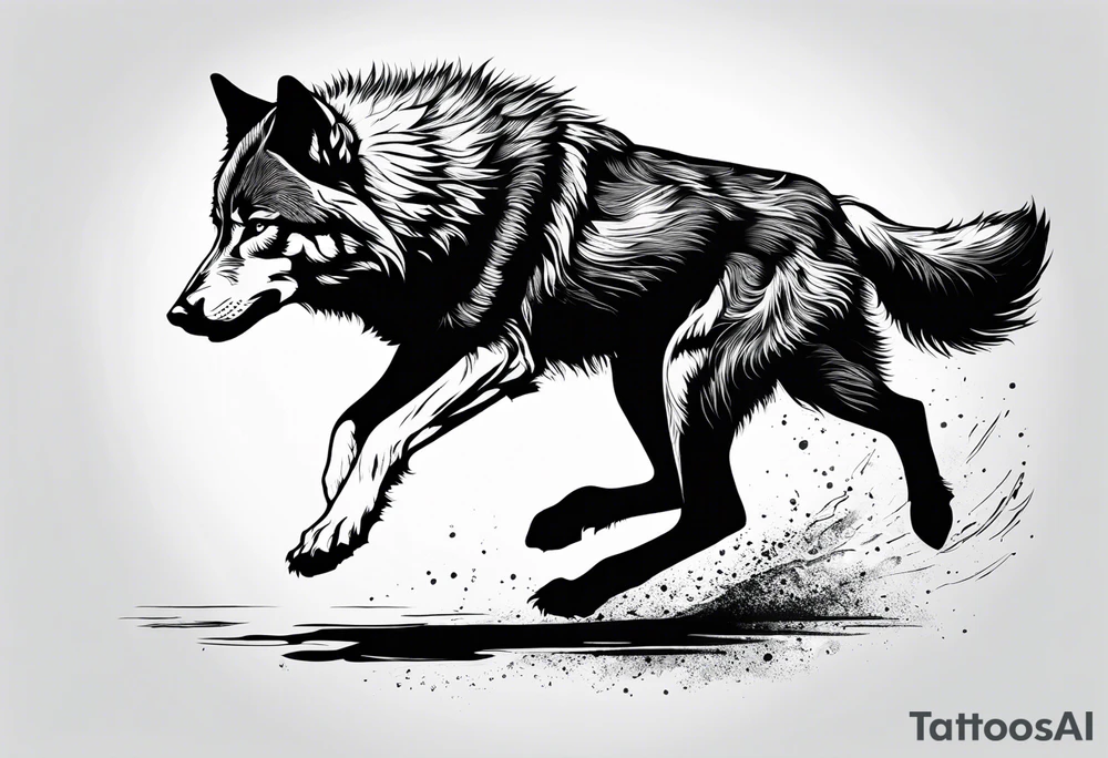 strength, small, running young wolf, elegant, sun, lenghty tattoo idea