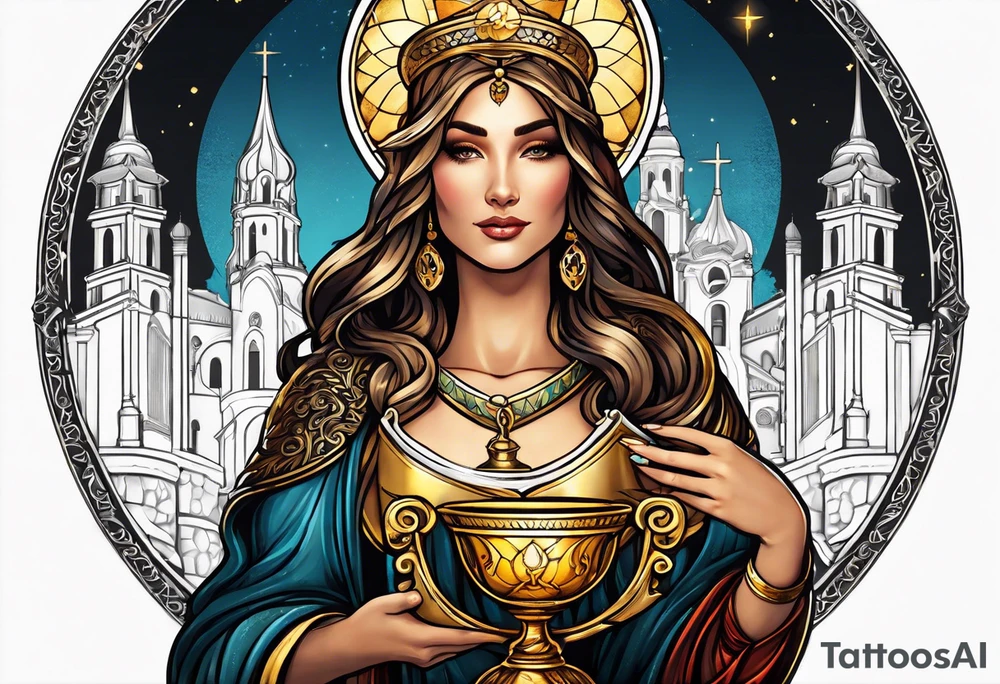 woman saint holding chalice surrounded by golden halo with a tower tattoo idea