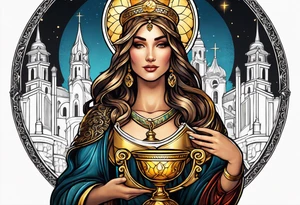 woman saint holding chalice surrounded by golden halo with a tower tattoo idea