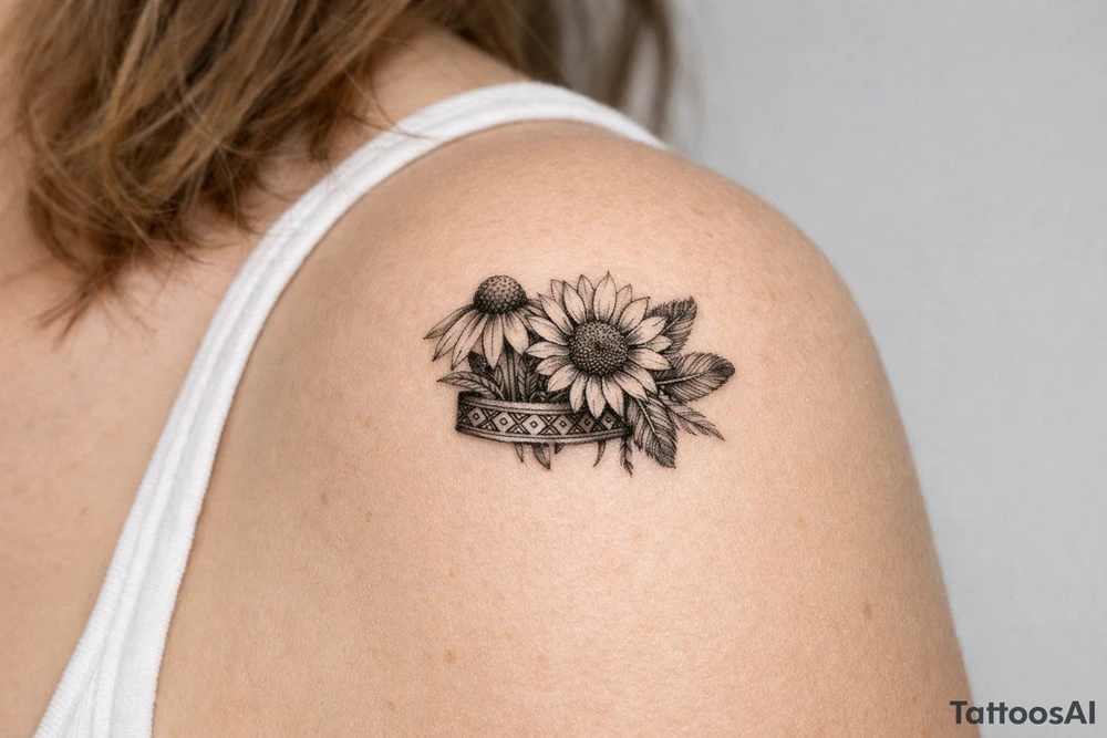 Coneflower and sunflower with feathers and female Indian headband ribbon tattoo idea