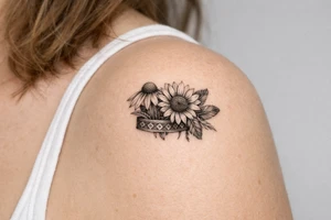 Coneflower and sunflower with feathers and female Indian headband ribbon tattoo idea