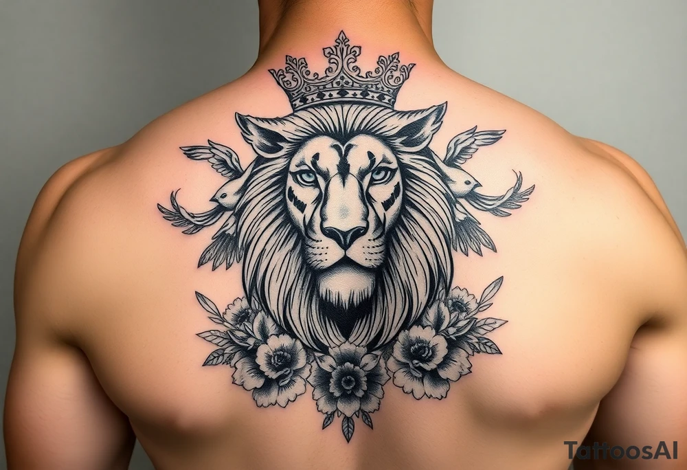 powerful majestic lion with a crown, surrounded by floral ornaments and birds tattoo idea