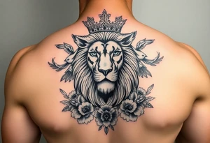 powerful majestic lion with a crown, surrounded by floral ornaments and birds tattoo idea