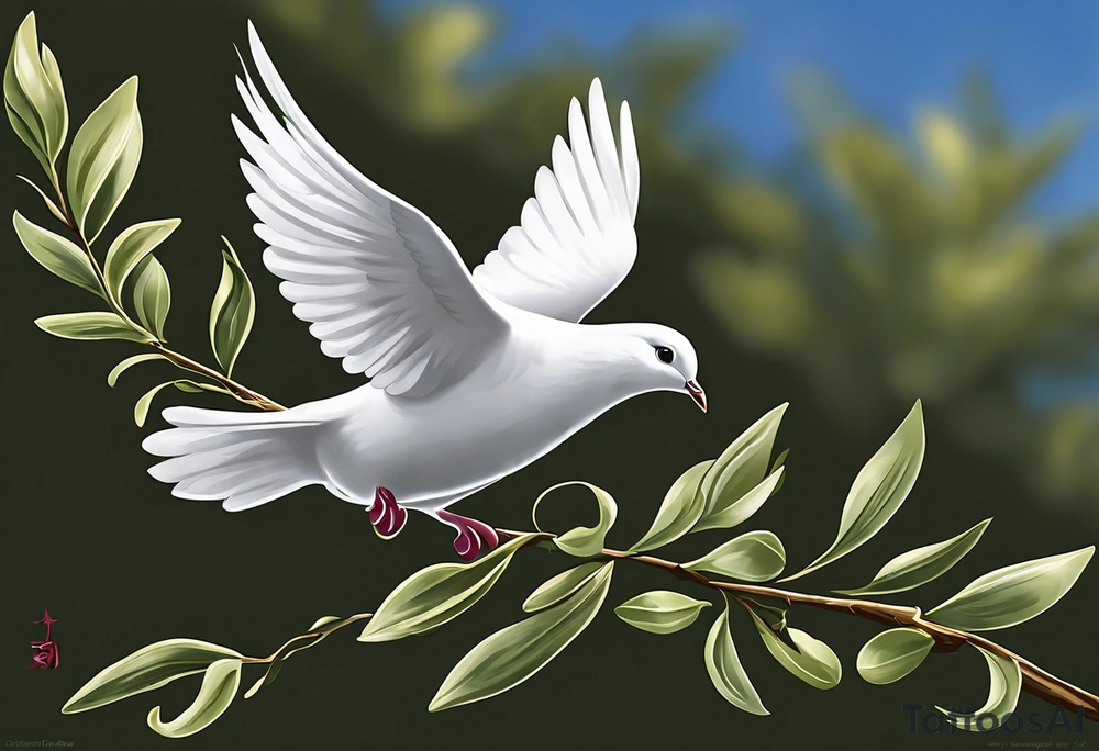 Dove soring through the air clasping an olive branch in its talons. The olive branch is fluttering in the wind with leaves from the branch floating behind the dove. The leaves transform into spear heads the further away from the dove they get. The words 'Si vis Pacem, para bellum' is boldly transcribed underneath the scene tattoo idea
