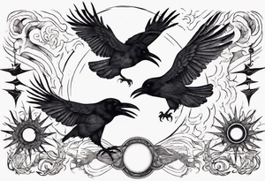 Cunning Raven flying towards Sun. tattoo idea