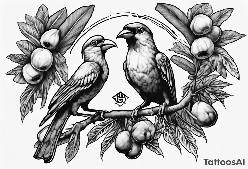 A vibrant Doctor Bird perched on a branch of ackee fruits, surrounded by lush tropical foliage. Below, the roots of a tree could form the shape of Jamaica's outline, with the initials of family members delicately incorporated into the branches or the trunk. tattoo idea