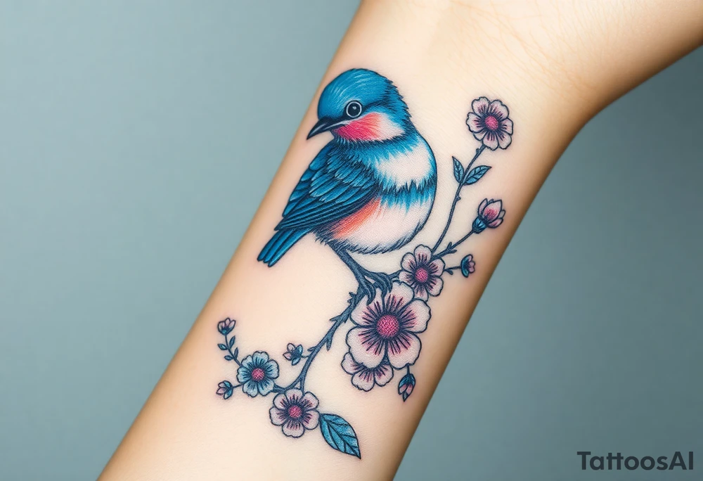 Puffy bluebird surrounded by wild flowers tattoo idea