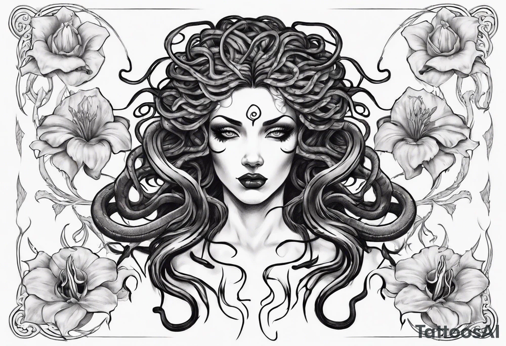 Dark/goth Medusa with white pupils and snake hair. Lilies tattoo idea