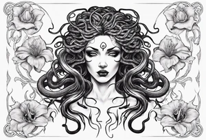 Dark/goth Medusa with white pupils and snake hair. Lilies tattoo idea