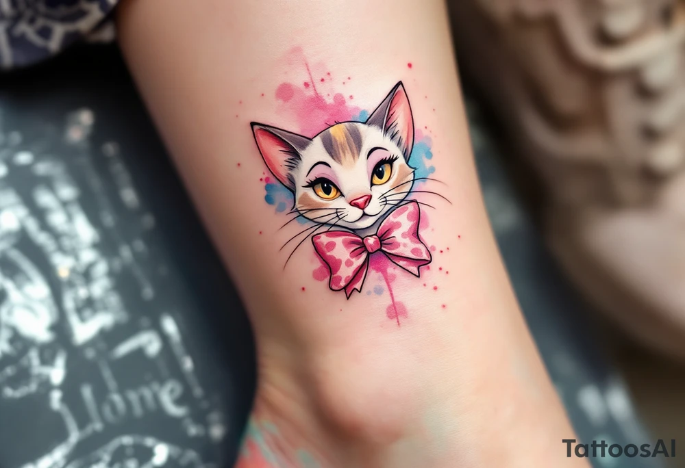 The Aristocats’ most ladylike cat, Marie with two pink bows, shines in this pink-accented watercolor tattoo. tattoo idea