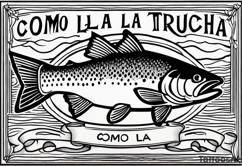A small tattoo with a shaded trout and text that says, 'Como la trucha...' drawn with fine lines." tattoo idea