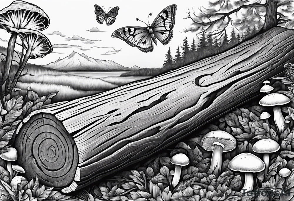 Fallen log with some mushrooms and Luna moth tattoo idea
