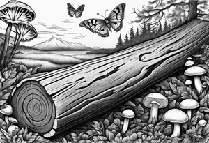 Fallen log with some mushrooms and Luna moth tattoo idea