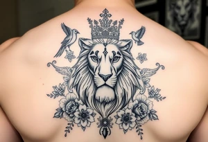 powerful majestic lion with a crown, surrounded by floral ornaments and birds tattoo idea