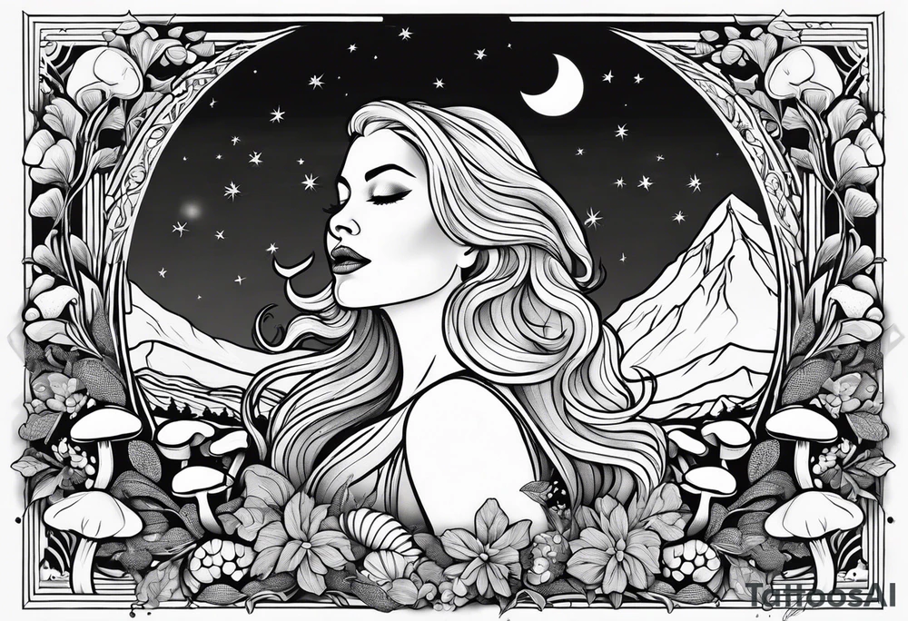 Fat older blonde natural woman long hair small lips surrounded by mushrooms crescent moon mountains background "GRACEFUL" tattoo idea