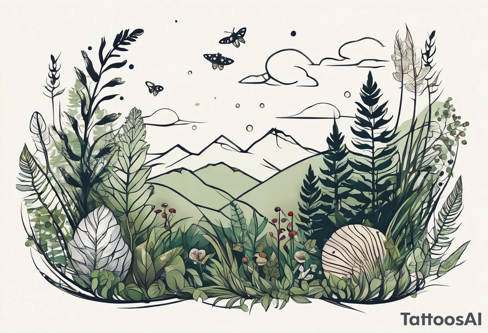 forest floor inspired minimalist tattoo, which includes grass, curly ferns, moss and dead leaves as the bulk of the tattoo. details to include: forest berries, a tiny bumblebee flying nearby, three small brown mushrooms
Generate a vertically long one tattoo idea