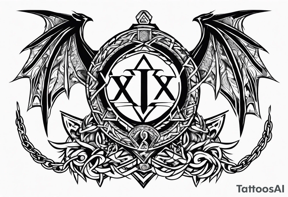 Valhalla sword shield dragon axe Valknut barbed wire chains tribal tattoo idea Valhalla sword shield dragon axe Valknut barbed wire chains tribal tattoo idea