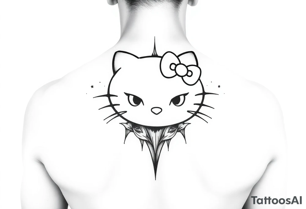 white background, cyber sigilism art / neo primal inspired hello kitty tattoo idea