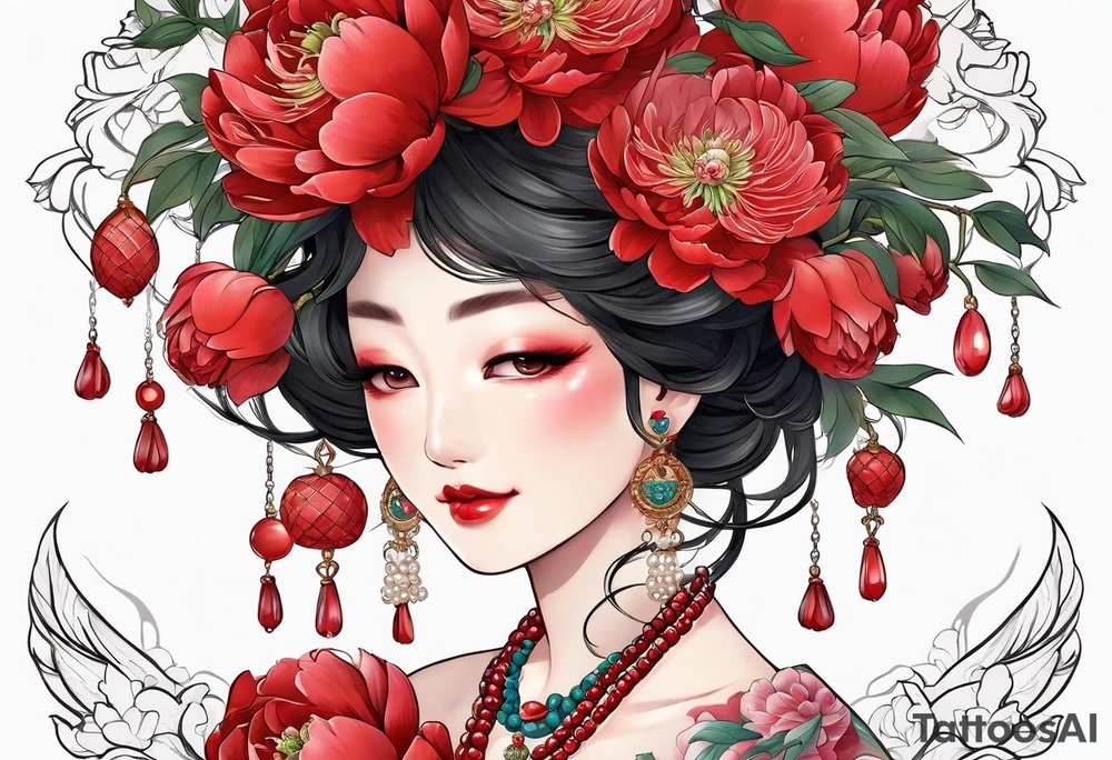 Red peony with dangling pearl necklace with rabbit on top tattoo idea