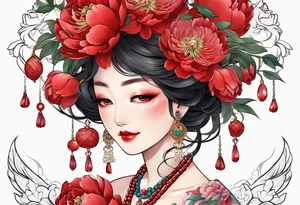 Red peony with dangling pearl necklace with rabbit on top tattoo idea