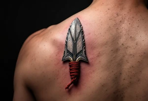 A hand-carved flint arrowhead in gray with red cord wrapping, symbolizing strength and survival tattoo idea