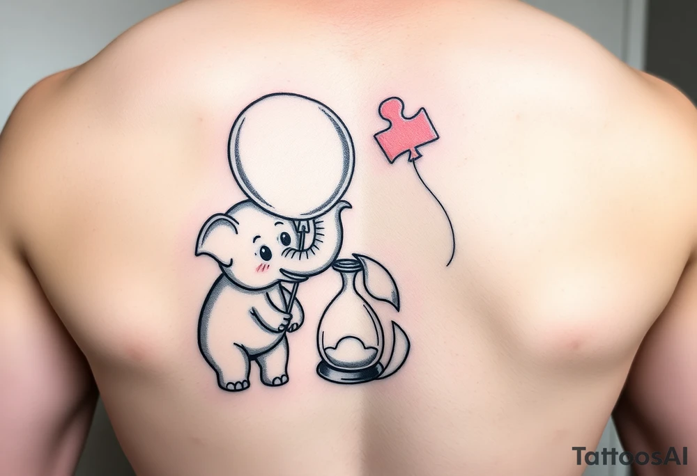 Baby elephant next to hour glass holding autism balloon tattoo idea