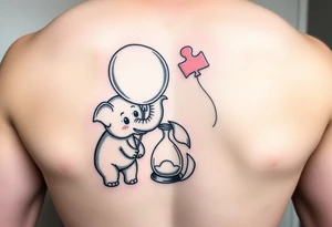 Baby elephant next to hour glass holding autism balloon tattoo idea