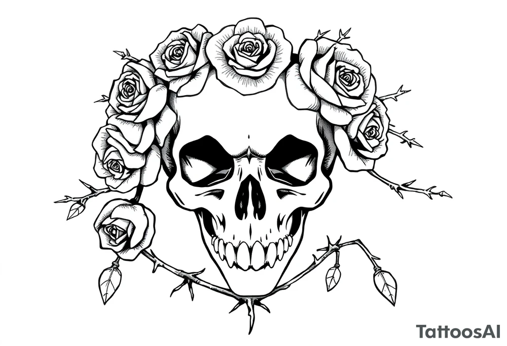 ornate skull adorned with crown of wild roses and thorns tattoo idea