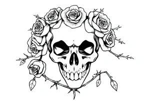 ornate skull adorned with crown of wild roses and thorns tattoo idea