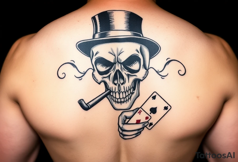 a skull with mustache,top-hat, cigar in his mouth and playing cards in a hand. tattoo idea