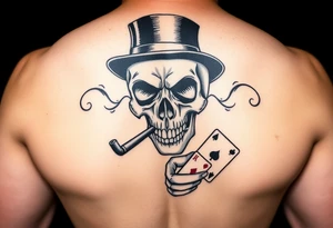 a skull with mustache,top-hat, cigar in his mouth and playing cards in a hand. tattoo idea