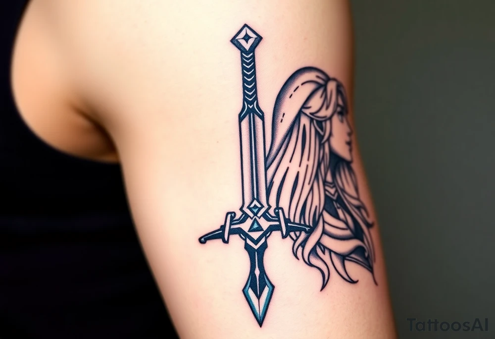 1. Theme: The Legend of Zelda: specifically Link and Zelda
2. Placement: Left Upper Arm
3. Style: Breath of the Wild (in color)
4. Elements to include: Master Sword in center facing up (handle at the bottom), with triforce symbol at the bottom of the blade), Link‘s face on one side, looking away from the sword, Zelda on the other side of the sword, looking in the other direction
5. size: full upper arm covered tattoo idea