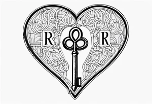 heart shaped antique key with the two teeth being the alphabetical letter RA tattoo idea