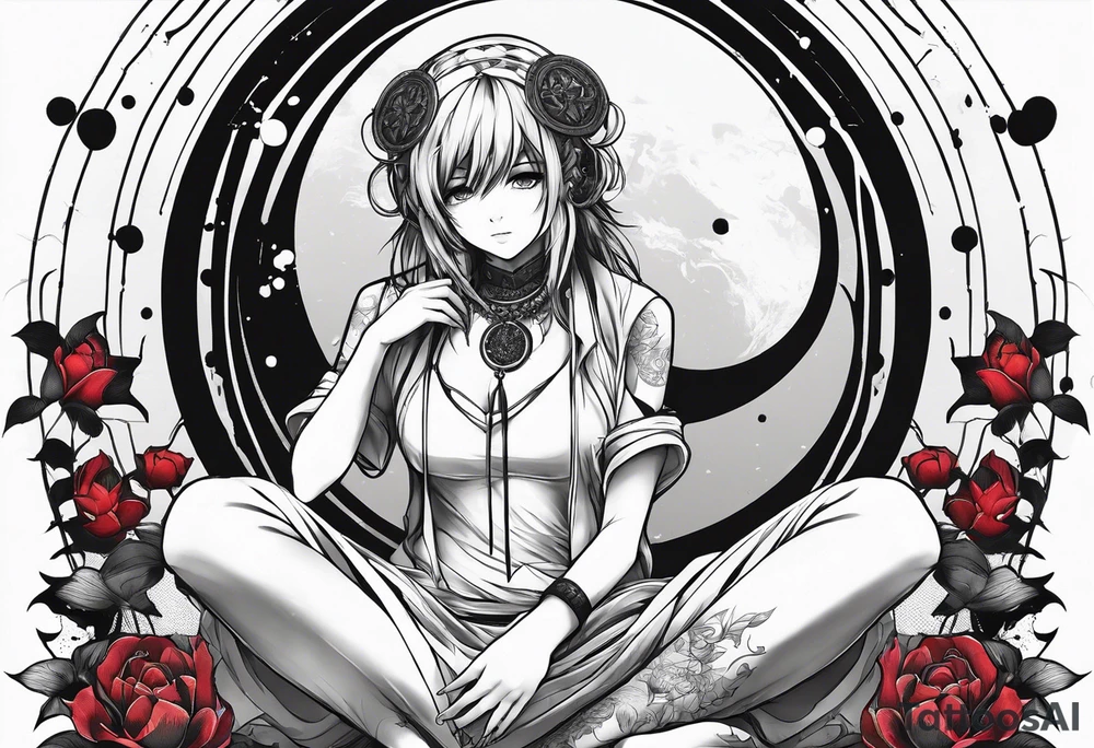 a bleeding anime girl sitting on a ball, and surrounded by a zen circle tattoo idea