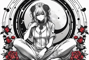 a bleeding anime girl sitting on a ball, and surrounded by a zen circle tattoo idea