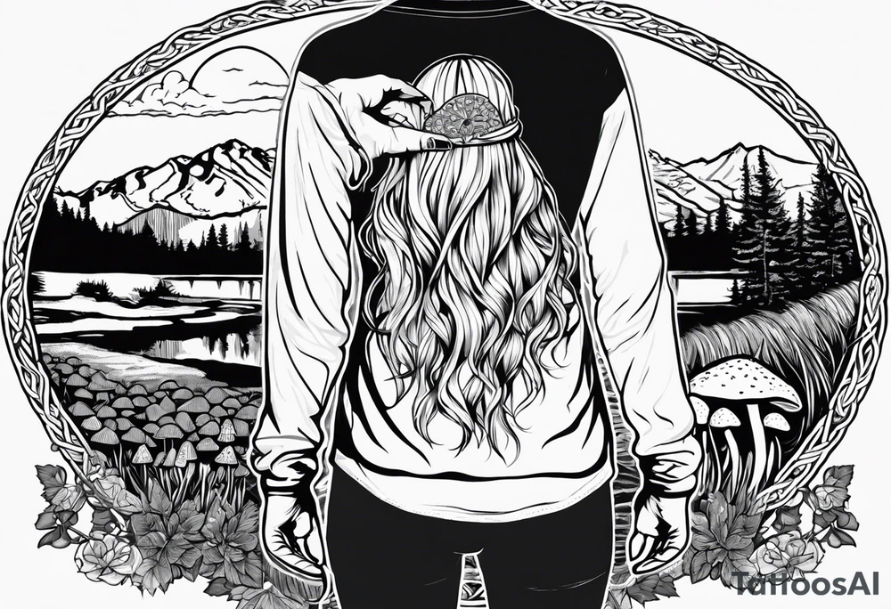 Whole picture encircled fully

Straight long blonde hair hippie girl in distance holding mushrooms in hand facing away toward mountains and creek surrounded by mushrooms long sleeve shirt and hiking pants; whole rendering within a full celtic circle, no cut off circle tattoo idea