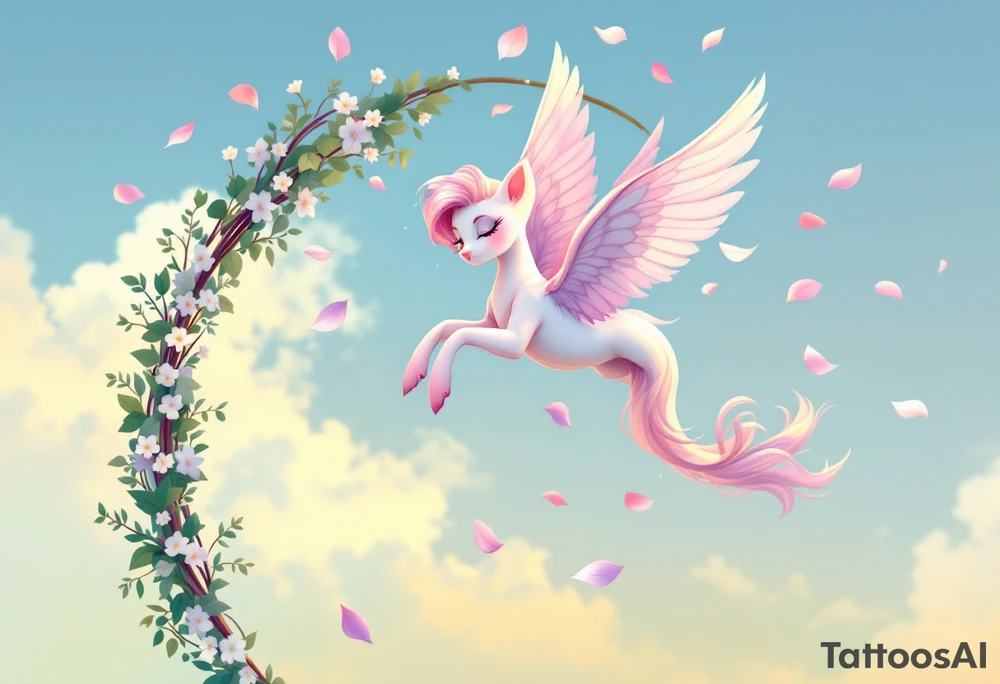 Skye flying gracefully above a wedding arch, her wings shimmering in soft pink and lavender hues, with delicate petals falling around her. The arch is adorned with ivy and small white flowers, symbolizing love and unity. tattoo idea