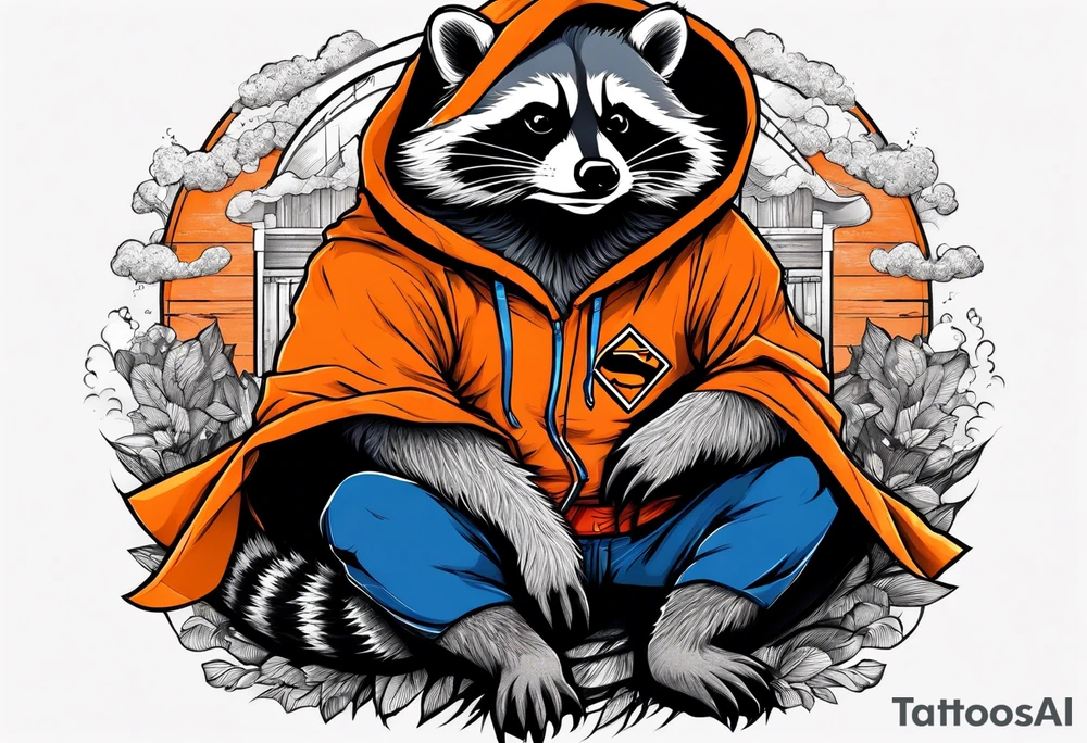 Raccoon wearing an orange Superman hoodie tattoo idea