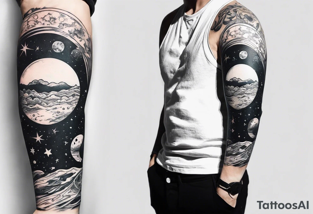 man on the moon space theme arm sleeve tattoo idea
