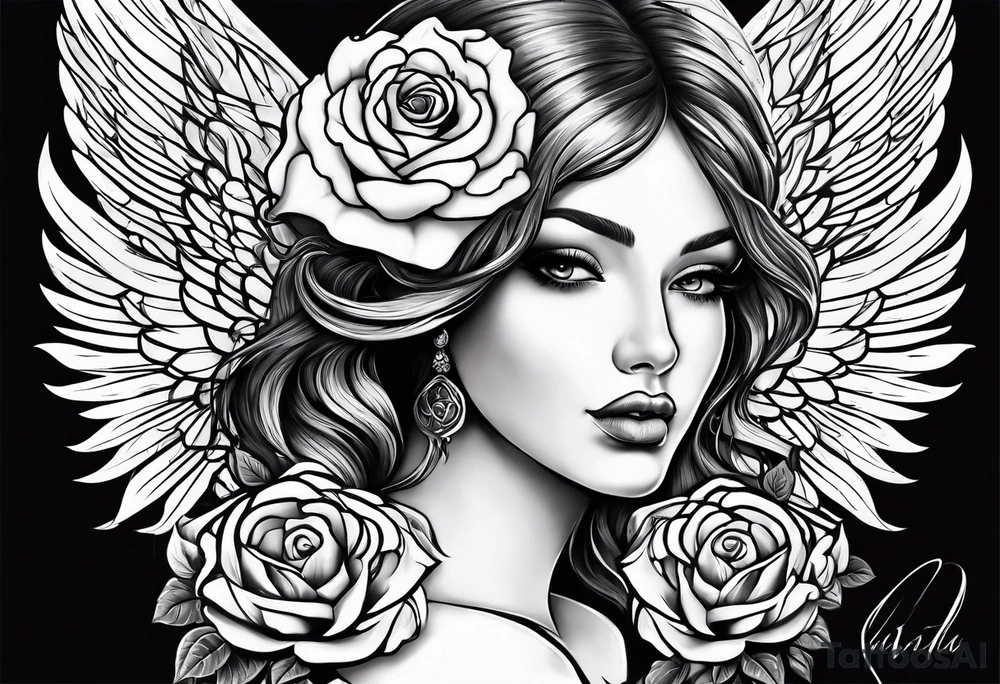 Angel, roses, name MARTINA tattoo idea