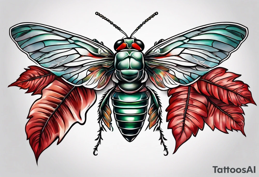 cicada on top of red leaves tattoo idea
