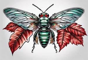 cicada on top of red leaves tattoo idea