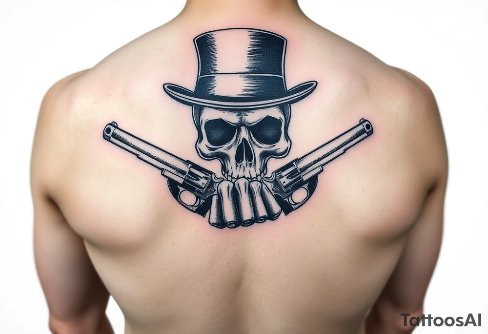 voodoo skull, top hat, dead mans card hand, six guns tattoo idea