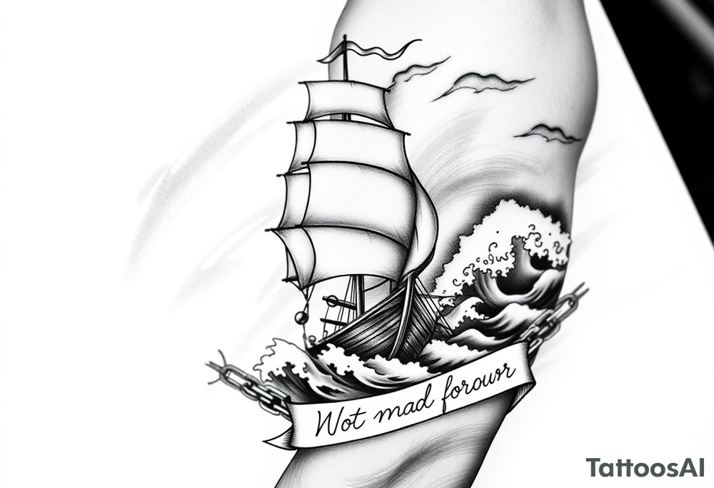 Ships are safest in harbor, but that’s not where built for. Modern take might or no sails. Ocean with volcanoes. 2. **Harbor Chains** – Broken beneath the ship’s hull, symbolizing leaving safety behind.  
3. **Waves** – Calm near the harbor (smooth lines), stormy ahead (jagged, dark shading).  
4. **Light Contrast** – A beam of light (or lighthouse glow) cutting through the storm, guiding the ship.  
5. **Subtle Text** – *"Not made for harbors"* in small, elegant script along a banner or wave. tattoo idea