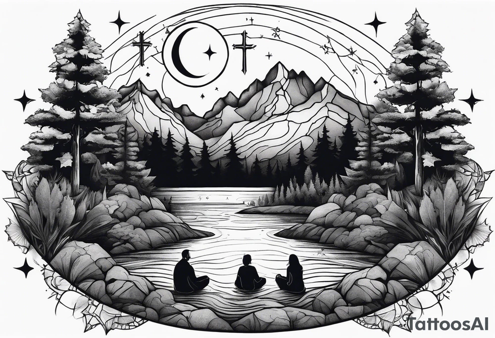 a family of three sitting in a nature with mountains, waterfall, water, and a cross in the background and a sun and moon in the sky with stars tattoo idea