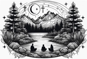 a family of three sitting in a nature with mountains, waterfall, water, and a cross in the background and a sun and moon in the sky with stars tattoo idea