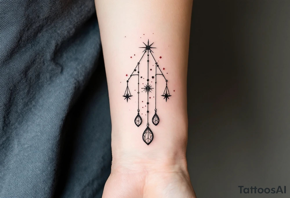 Black ink scales hang symmetrically beneath a Libra star constellation traced in fine white dots with red star accents. tattoo idea