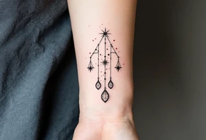 Black ink scales hang symmetrically beneath a Libra star constellation traced in fine white dots with red star accents. tattoo idea